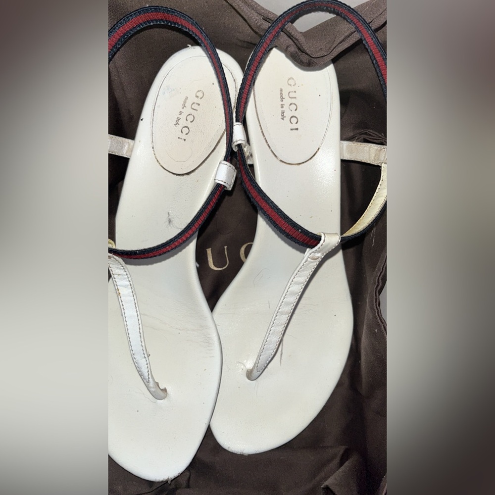 Gucci white thing wedge sandals . Need new soles , some scuffs